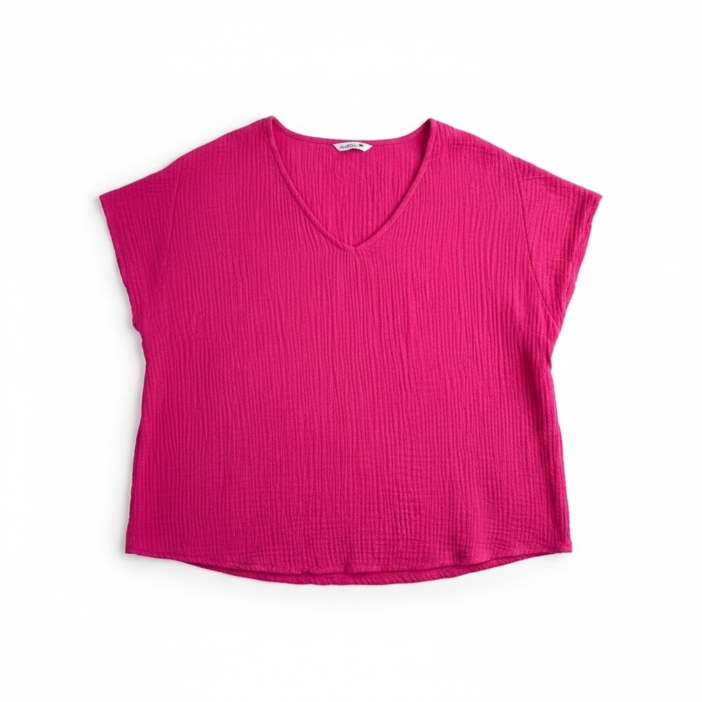 Bright Pink 100% Cotton Gauze V-Neck Top 2X Fuchsia Boxy Cap Sleeve Three‎ Dots